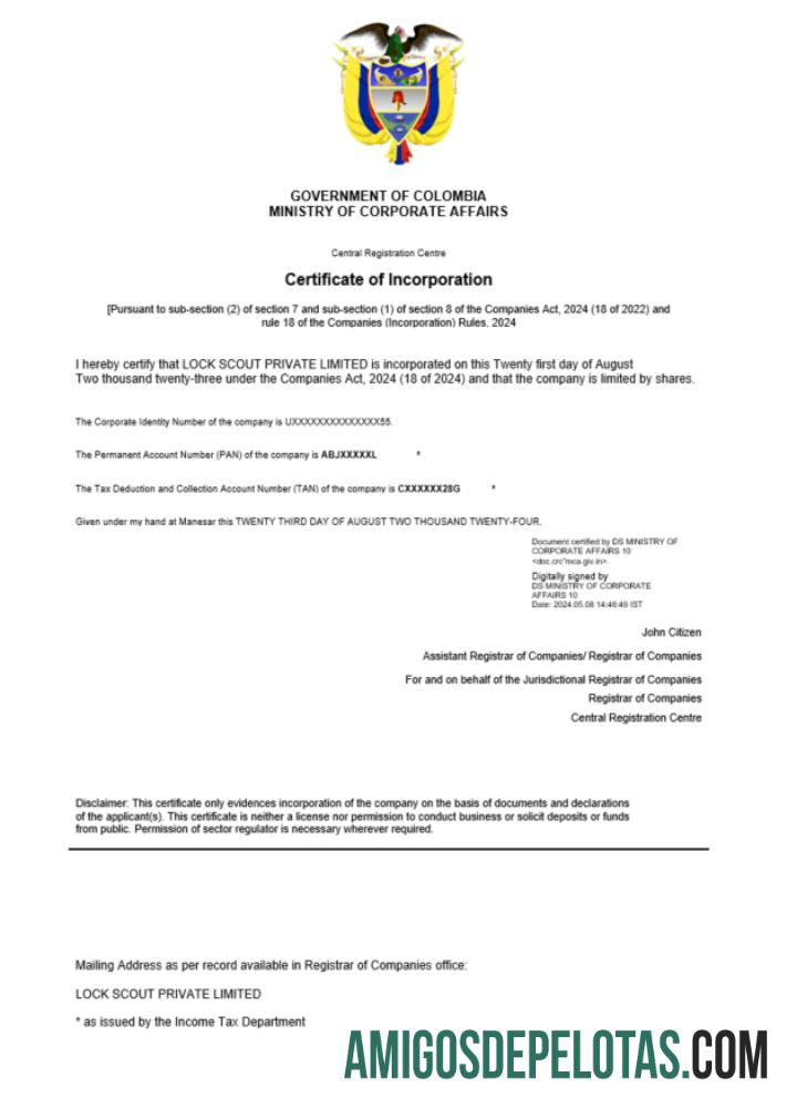 Certificado de registro da Colômbia para impressão, modelo Word e PDF